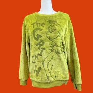 Dr Seuss The Grinch Plush Fleece Sweatshirt S Green Debossed Graphic